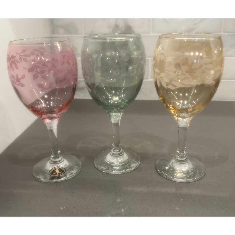 3-Vintage Cristalleria Fumo Gold, Green, Pink Wine Goblet Glass Etched Handmade
